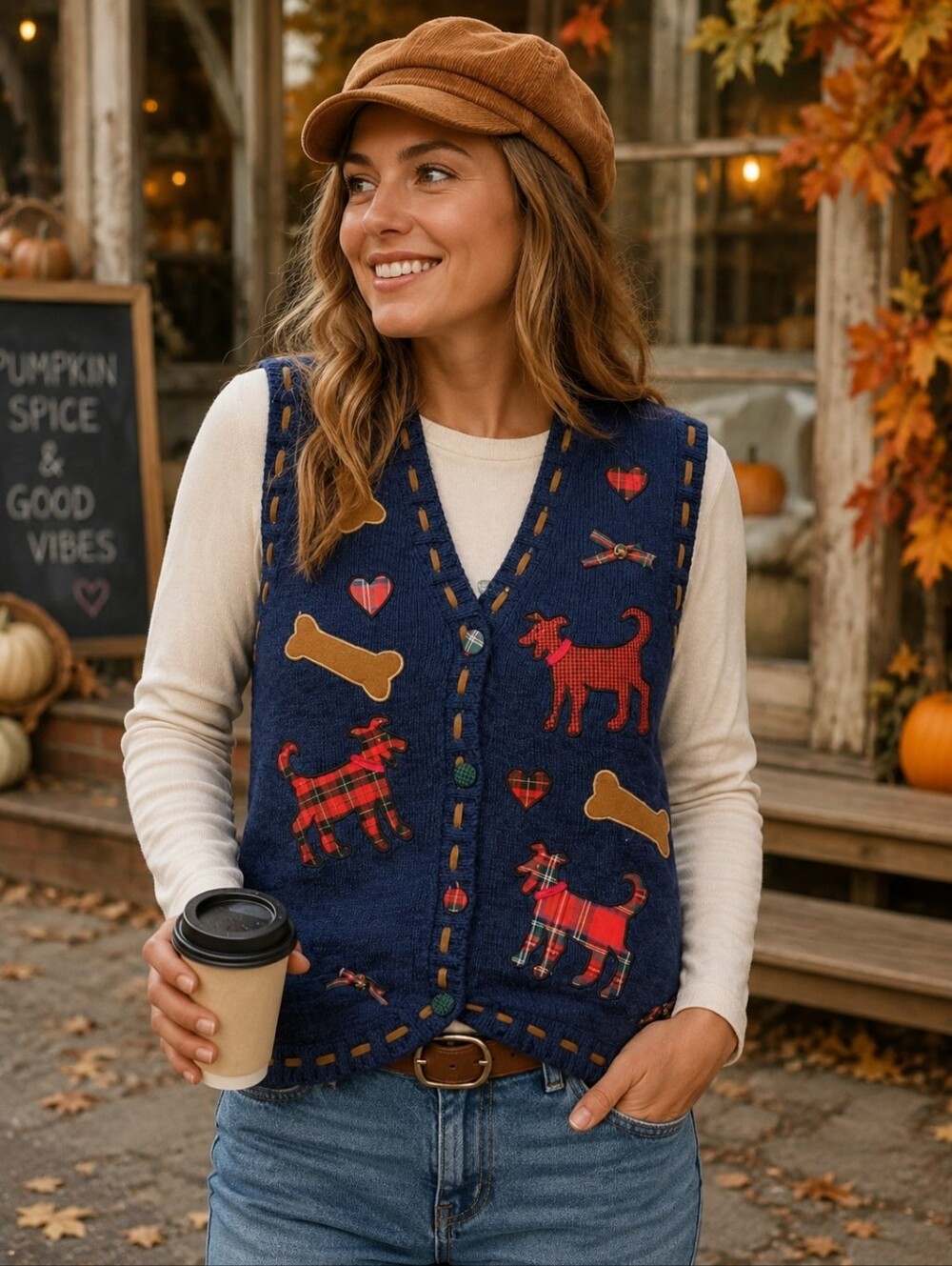 PBJ Sport Vintage Womens Knit Dog Aplique Embroidered Vest Size Large Blue Plaid